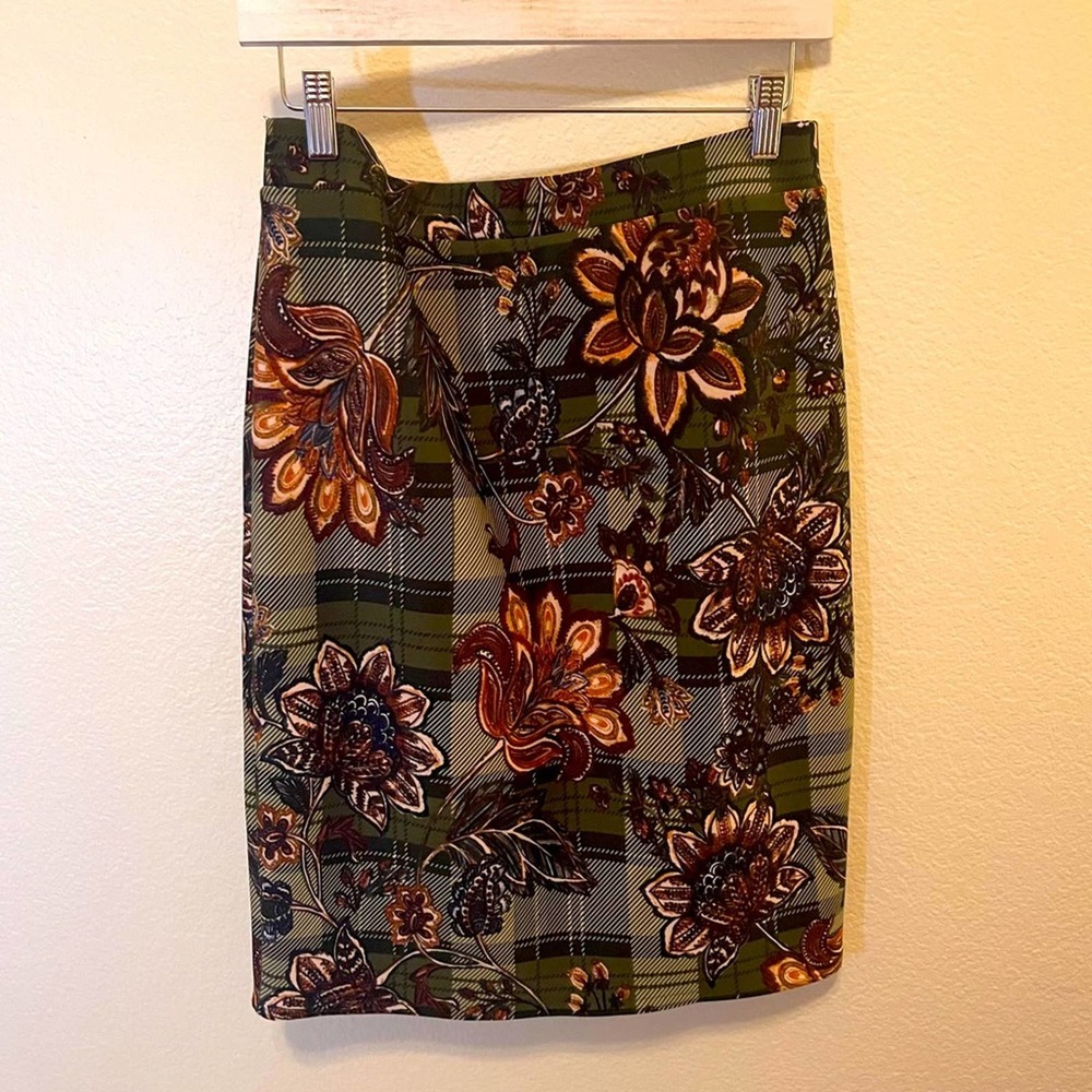 Melissa Paige Green Orange Floral Plaid Pattern Pencil Skirt Medium